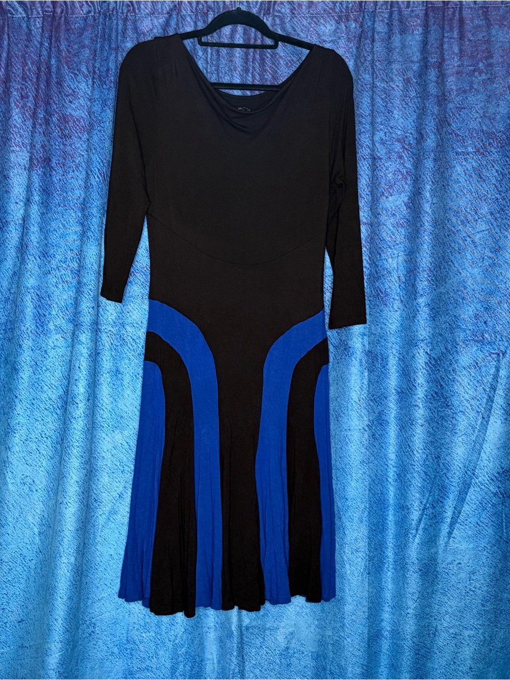 Lily Black Dress with Blue Panel Accents — Long Sleeve Fit-and-Flare